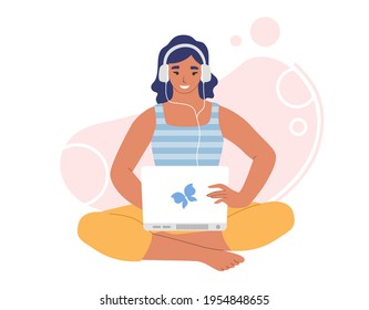 Woman in headphones listening to audio programs on laptop computer, flat vector illustration. Girl listening to music, radio, podcast, audiobook. Podcasting, online radio, streaming, broadcast media.