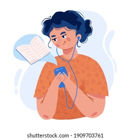 mujer con auriculares escuchando audiobook.biblioteca en línea, lectura, concepto de libro electrónico.mano vectorial plana dibujó linda ilustración para volante, publicidad, banner.