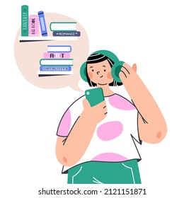 woman in headphones listening audiobooks using smartphone. Online library app concept