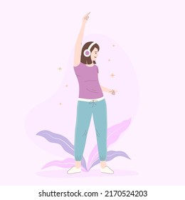Woman with headphones listening to music and dancing, vector illustration
