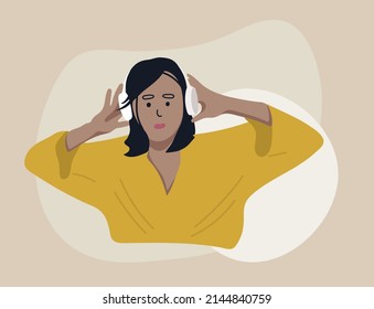 Woman in headphones listening to music, girl singing favorite song, attractive female having fun, minimalistic background, enjoying melody