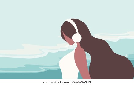 Woman with headphones listening to music. Happiness, relaxation, good mood, rest concept  vector illustration.