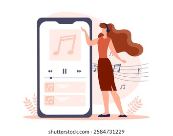Woman with headphones listening to music on a smartphone, standing near a large screen with a music app, on a white background, concept of streaming