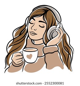 Woman in headphones listening to music. She has coffee in her hands. Modern line art vector illustration.