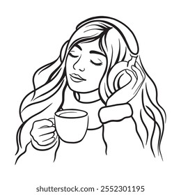 Woman in headphones listening to music. She has coffee in her hands. Modern line art vector illustration.