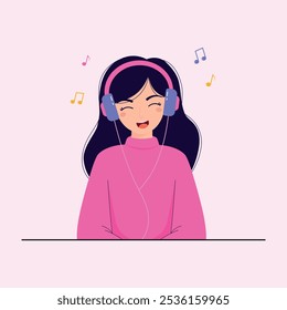 Mujer con auriculares escuchando música. símbolos de música. Disfrute de la música, terapia musical. Chica feliz. Ilustración vectorial plana