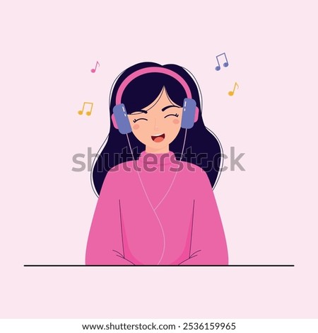 Woman with headphones listening to music. music symbols. Music enjoyment, music therapy. Happy girl. flat vector illustration