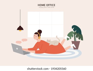 Woman with headphones lying on rug at home and watching videos on laptop. Flat design of staying home or home office.