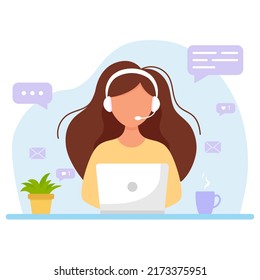 Woman with headphones and microphone with computer. Contact us. Customer service, assistant, support, call center concept. Cartoon vector illustration in flat style.