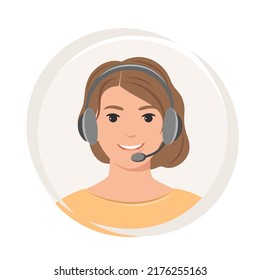 Woman With Headphones And Microphone. Customer Support, Call Center. Vector Illustration