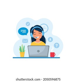 Woman with headphones and microphone with laptop. Concept illustration for support, call center. Customer service.Vector illustration