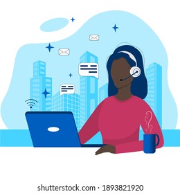 Woman With Headphones And Microphone With Laptop Customer Service. Concepts For Customer Support, Help, Call Center. Vector Flat Illustration