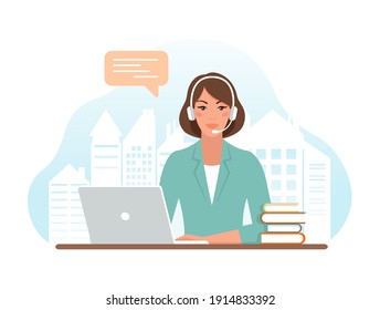 Woman with headphones and microphone with laptop. Customer support department staff, telemarketing agents. Online  helpdesk, call center. Vector illustration in flat style. 