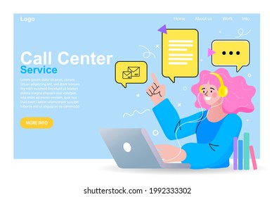  Woman with headphones and microphone with laptop. Customer service landing page. call center operator avatar. Online user or client support centre. Work, job, hotline Vector illustration in flat.