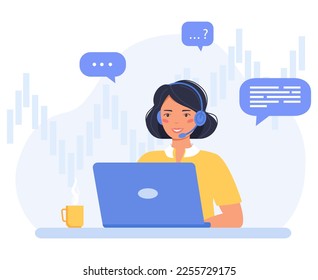 Woman with headphones and microphone with laptop. Customer service, support, assistance, call center concept illustration. Cute vector illustration in flat style