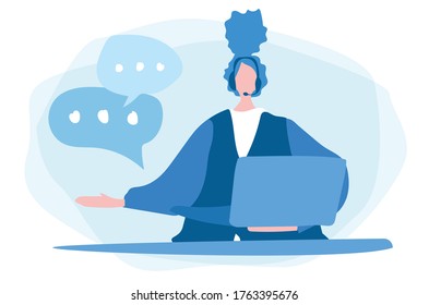 Woman with headphones and microphone with laptop. Vector illustration for web banner, infographics, mobile. Customer service