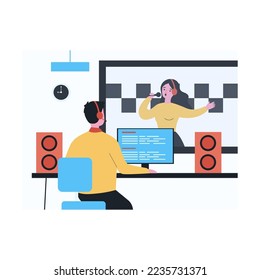 Woman with headphones and microphone recording song. Flat vector illustration. Sound engineer editing recording of sound coming from acoustic booth. Sound, singing, creativity