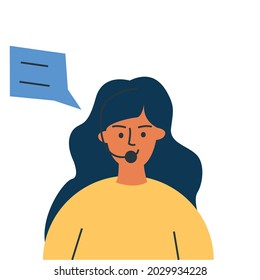A woman in headphones with a microphone is talking. An avatar for a call center employee, support service.
