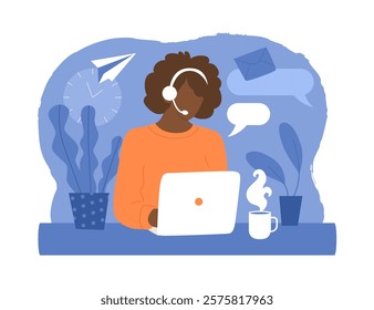 Woman in headphones with microphone works at laptop. Customer support operator. Freelancer works from home. Remote work or study. Vector illustration isolated on transparent background.