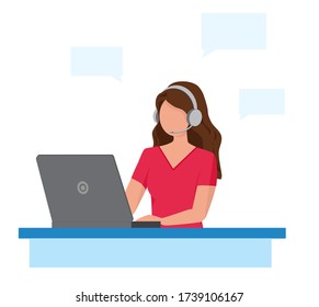 Woman with headphones and a microphone works on a laptop. Customer support service. 