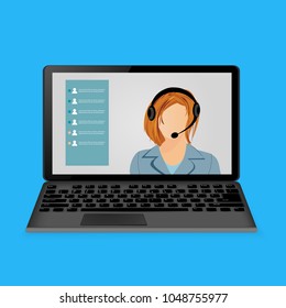 Woman with headphones on laptop screen.