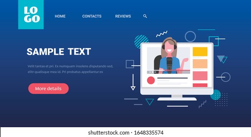 woman in headphones podcaster talking to microphone recording podcast in studio podcasting online radio concept monitor screen portrait horizontal copy space vector illustration