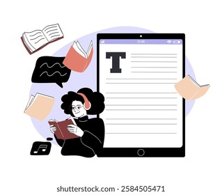 Woman with headphones reading a book near a large tablet with text, floating books, and music icons on a light background. Concept of digital learning