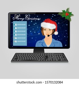 Woman with headphones in santa hat on computer monitor screen. Merry Christmas in call center, online customer live support, webinar, conference, training on the web and online education concept. 