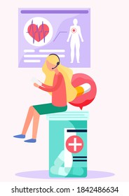 Woman in headphones with a sheet of paper in her hands is sitting on a container with pills. Work of the heart system of patient. Diagram of structure of the human cardiovascular system. Medicine