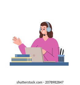 Woman in headphones sitting at laptop, flat cartoon vector illustration isolated on white background. Customer service support, assistance and call center operator.