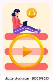 Woman in headphones sitting on video player and working with a laptop in social networks. Female character is holding computer in hands and working or studying. Headphone icon on background