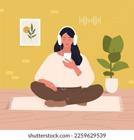 Woman with headphones and smartphone listen to podcast or music. Flat minimal style. Vector