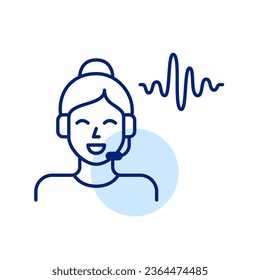 Woman in headphones speaking with sound wave visualising her speech. Pixel perfect icon