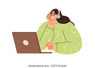 Woman in headphones, studying at laptop. Happy female student watching business webinar. Video conference call, remote work communication. Flat vector illustration isolated on white background