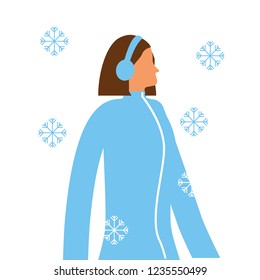 woman with headphones and winter snowflakes
