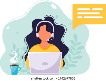 Woman with headphones working on computer. Customer service, assistant, support, call center concept. Vector illustration.