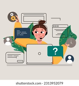 Woman in headphones working on laptop, chatting with clients, giving technical support in call center. Online help for costumers concept. Flat vector illustration in green and yellow colors