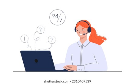 A woman in headphones works at a laptop. llustration of work in a call center or remote work. Vector business illustration