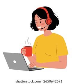 A woman with headphones works on a laptop, holding a steaming mug. She appears happy and engaged.