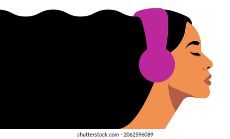 Mujer con auriculares. Jovencita con el pelo largo y escuchando música. Concepto de podcast, audiobook, radio, meditación. Cara femenina, silueta, vista lateral. Ilustración vectorial contemporánea.