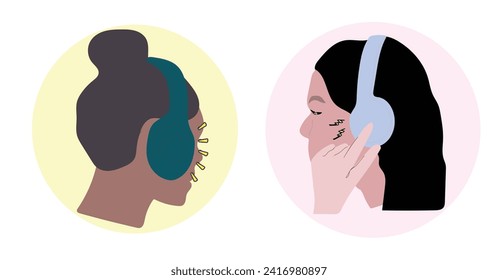Woman with headphones. Young girls listens to romantic music and relaxes. Nice tracks on radio. Love of good music. Lover character. Cartoon flat vector illustration . Listening music. Mood, fun.