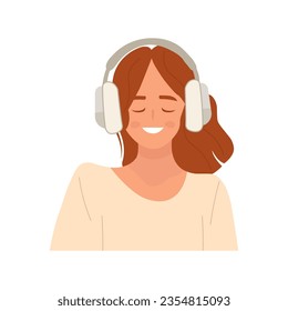 Mujer con auriculares. Joven sonriente escuchando música pacíficamente con los ojos cerrados. Ilustración vectorial.