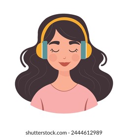 Woman with headphones. Young smiling woman listening to music peacefully with her eyes closed. Vector illustration.