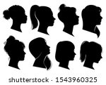 Woman heads in profile. Beautiful female faces profiles, black silhouette outline avatars, anonymous portraits with hairstyle isolated vector elegance fashion set