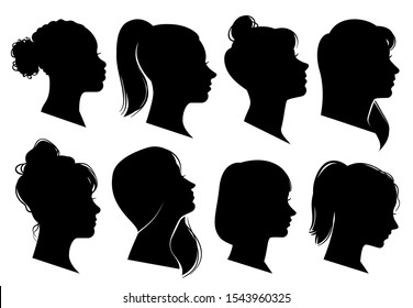 Woman heads in profile. Beautiful female faces profiles, black silhouette outline avatars, anonymous portraits with hairstyle isolated vector elegance fashion set