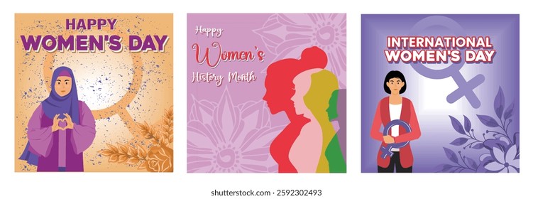 Woman in headscarf symbolizing love and empowerment. Women's History Month, featuring colorful profiles of women. Woman holding a female symbol against a vibrant. Set flat vector modern illustration 