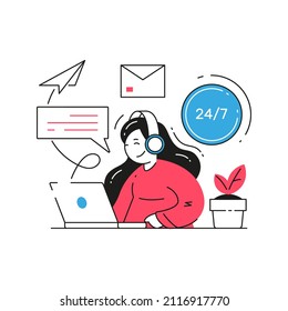 Woman headset customer support service staff working use laptop consulting remotely 24 7 vector flat illustration. Female worker of call center, helpline, hotline, operator assistance talking clients