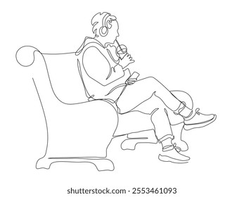 Woman in headset drinking and using phone. Sitting on park bench. Continuous line drawing. Black and white vector illustration in line art style.