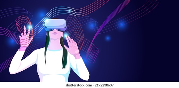 Mujer con auriculares, gafas pintando líneas coloridas por los dedos en el mundo de la realidad virtual, el espacio, el universo. Holograma abstracto de tecnologías digitales. Experiencia de interacción aumentada. Vector