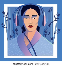 A woman in a headset listening to music